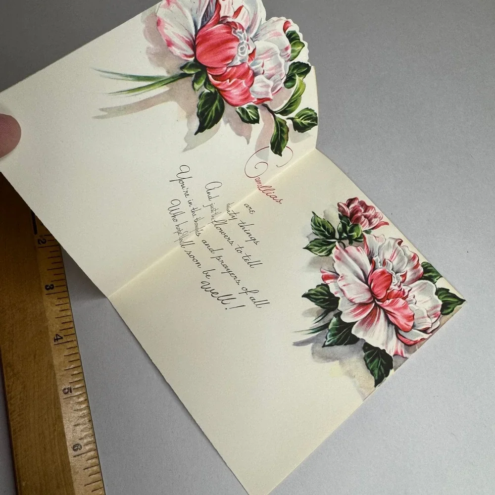Vintage Pretty Petals Get Well Greeting Card‎ Camellias Flower 15B32 Made in USA
